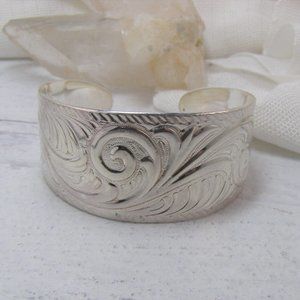 Sterling Silver Embossed Scroll Leaf Cuff Bracelet Repousse Style